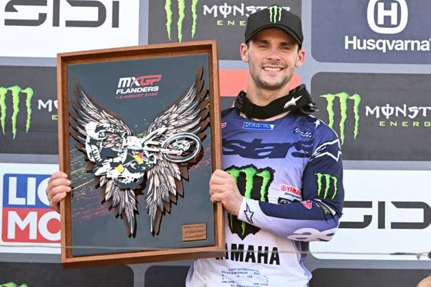 French Tom Vialle celebrates on the podium after the motocross MXGP Grand Prix Flanders, race 14 20 of the FIM Motocross World Championship, WM, Weltmeisterschaft Sunday, August 2, 2026, in Lommel. JILLxDELSAUX  x182623488x