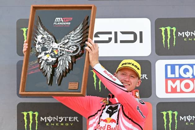 Dutch Kay de Wolf celebrates on the podium after the motocross MXGP Grand Prix Flanders, race 14 20 of the FIM Motocross World Championship, WM, Weltmeisterschaft Sunday, August 2, 2026, in Lommel. JILLxDELSAUX  x182623862x