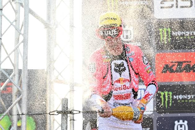 Dutch Kay de Wolf celebrates on the podium after the motocross MXGP Grand Prix Flanders, race 14 20 of the FIM Motocross World Championship, WM, Weltmeisterschaft Sunday, August 2, 2026, in Lommel. JILLxDELSAUX  x182624072x