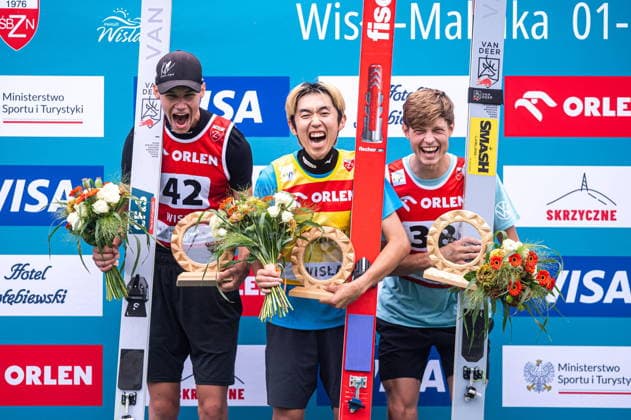 Wisla 02.08.2026 Ski jumping, Skispringen, Ski, nordisch FIS Summer Grand Prix 2026 on Adam Malysz Wisla Malinka Hill. Day 2. Individual Competition --- Skoki Narciarskie. FIS Letnie Grand Prix 2026 na Skoczni im. Adama Malysza w Wisle Malince. Konkurs indywidualny. Dzien 2. . Persons shown : Kaimar Vagul Naoki Nakamura Rok Oblak Fot. Kai Taller Arena Akcji NEWSPIX.PL --- newspix.pl POLAND OUT! 