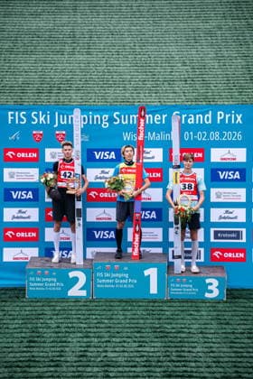 Wisla 02.08.2026 Ski jumping, Skispringen, Ski, nordisch FIS Summer Grand Prix 2026 on Adam Malysz Wisla Malinka Hill. Day 2. Individual Competition --- Skoki Narciarskie. FIS Letnie Grand Prix 2026 na Skoczni im. Adama Malysza w Wisle Malince. Konkurs indywidualny. Dzien 2. . Persons shown : Kaimar Vagul Naoki Nakamura Rok Oblak Fot. Kai Taller Arena Akcji NEWSPIX.PL --- newspix.pl POLAND OUT! 