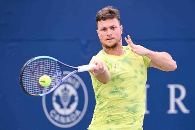 MONTREAL, QC - AUGUST 02: Miomir Kecmanovic (SRB) returns the ball during a first round match at National Bank Open on August 02, 2026 at IGA Stadium in Montreal, QC (Photo by David Kirouac Icon Sportswire) TENNIS: AUG 02 National Bank Open EDITORIAL USE ONLY Icon26080202126
