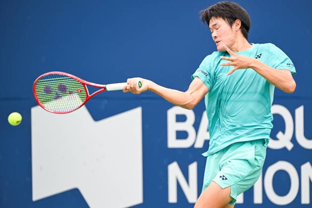 MONTREAL, QC - AUGUST 02: Michael Zheng (USA) returns the ball during a first round match at National Bank Open on August 02, 2026 at IGA Stadium in Montreal, QC (Photo by David Kirouac Icon Sportswire) TENNIS: AUG 02 National Bank Open EDITORIAL USE ONLY Icon26080202326
