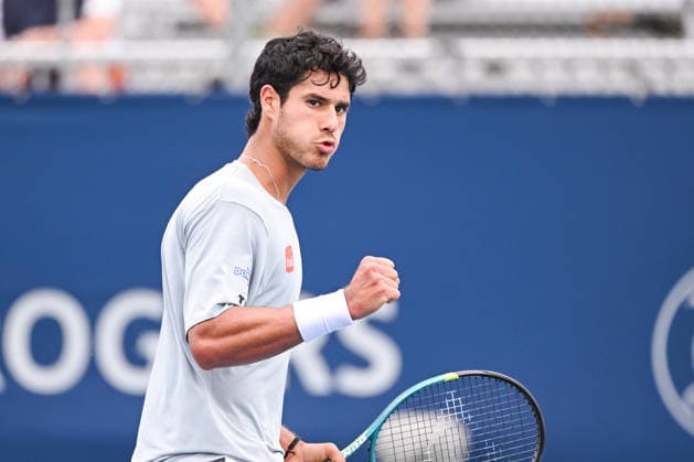 MONTREAL, QC - AUGUST 02: Adolfo Daniel Vallejo (PAR) reacts after scoring a point during a first round match at National Bank Open on August 02, 2026 at IGA Stadium in Montreal, QC (Photo by David Kirouac Icon Sportswire) TENNIS: AUG 02 National Bank Open EDITORIAL USE ONLY Icon26080202626
