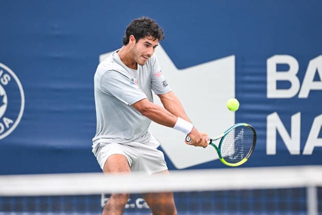 MONTREAL, QC - AUGUST 02: Adolfo Daniel Vallejo (PAR) returns the ball during a first round match at National Bank Open on August 02, 2026 at IGA Stadium in Montreal, QC (Photo by David Kirouac Icon Sportswire) TENNIS: AUG 02 National Bank Open EDITORIAL USE ONLY Icon26080202726
