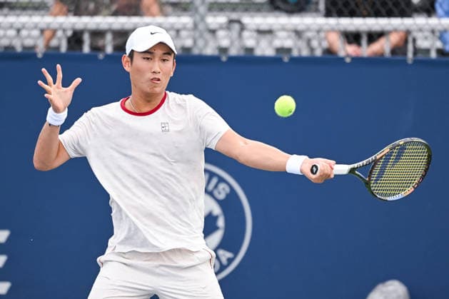 MONTREAL, QC - AUGUST 02: Juncheng Shang (CHN) returns the ball during a first round match at National Bank Open on August 02, 2026 at IGA Stadium in Montreal, QC (Photo by David Kirouac Icon Sportswire) TENNIS: AUG 02 National Bank Open EDITORIAL USE ONLY Icon26080203526