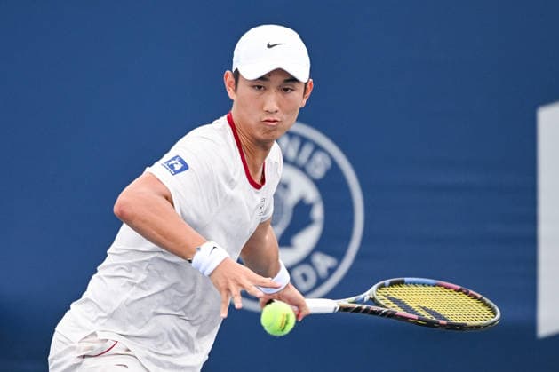 MONTREAL, QC - AUGUST 02: Juncheng Shang (CHN) returns the ball during a first round match at National Bank Open on August 02, 2026 at IGA Stadium in Montreal, QC (Photo by David Kirouac Icon Sportswire) TENNIS: AUG 02 National Bank Open EDITORIAL USE ONLY Icon26080203926
