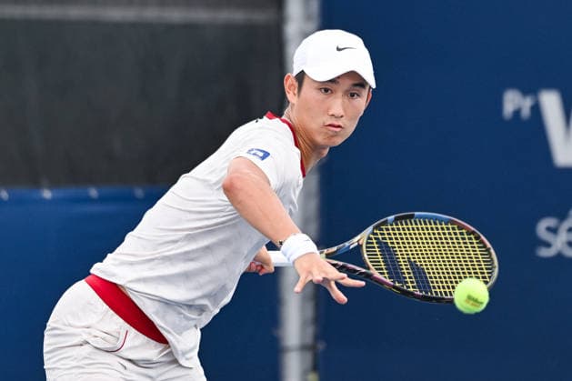 MONTREAL, QC - AUGUST 02: Juncheng Shang (CHN) returns the ball during a first round match at National Bank Open on August 02, 2026 at IGA Stadium in Montreal, QC (Photo by David Kirouac Icon Sportswire) TENNIS: AUG 02 National Bank Open EDITORIAL USE ONLY Icon26080204226