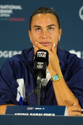 National Bank Open 2026 - Day 2 TORONTO, CANADA - AUGUST 2 : Aryna Sabalenka gestures during a press conference, PK, Pressekonferenz within the WTA, Tennis Damen 1000 National Bank Open in Toronto, Ontario, Canada on August 2, 2026. Mert Alper Dervis Anadolu Ontario Canada. Editorial use only. Please get in touch for any other usage.  Copyright: x2026xAnadoluxMertxAlperxDervisx