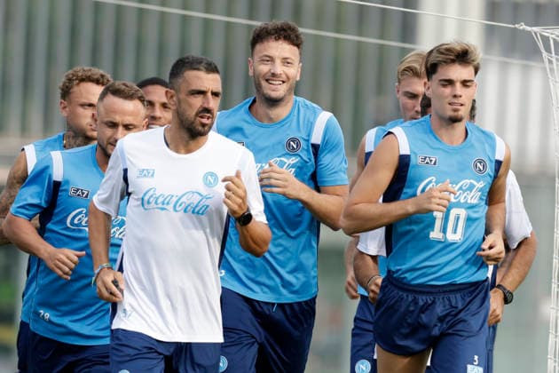 SSC Napoli preseason 2026-27 in Castel Di Sangro Napoli s Kosovar defender Amir Rrahmani, Napoli s Spanish defender Miguel Gutierrez, Napoli s Slovak midfielder Stanislav Lobotka during SSC Napoli s 2026-27 preseason training camp in Castel Di Sangro, Abruzzo, Italy. August, 02, 2026. _BPH1872 Copyright: xAntonioxBalascox