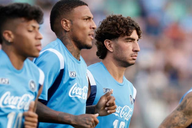 SSC Napoli preseason 2026-27 in Castel Di Sangro Napoli s Brazilian forward Alisson Santos, SSC Napoli Italian midfielder Michael Folorunsho and Napoli s Italian defender Luca Marianucci during SSC Napoli s 2026-27 preseason training camp in Castel Di Sangro, Abruzzo, Italy. August, 02, 2026. _BPH1916 Copyright: xAntonioxBalascox