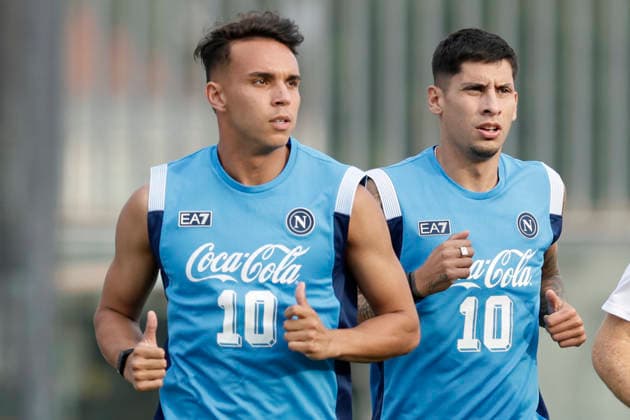 SSC Napoli preseason 2026-27 in Castel Di Sangro Napoli s Brazilian forward Giovane Santana do Nascimento and Napoli s Uruguayan defender Mathias Olivera during SSC Napoli s 2026-27 preseason training camp in Castel Di Sangro, Abruzzo, Italy. August, 02, 2026. _BPH1957 Copyright: xAntonioxBalascox