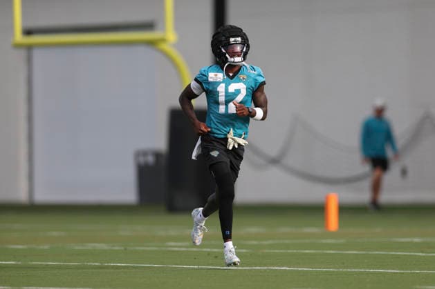 JACKSONVILLE, FL - AUGUST 02: Jacksonville Jaguars wide receiver Travis Hunter (12) runs during training camp on August 2, 2026 at the Miller Electric Center in Jacksonville, Fl. (Photo by David Rosenblum Icon Sportswire) NFL, American Football Herren, USA AUG 02 Jaguars Training Camp EDITORIAL USE ONLY Icon260802228895