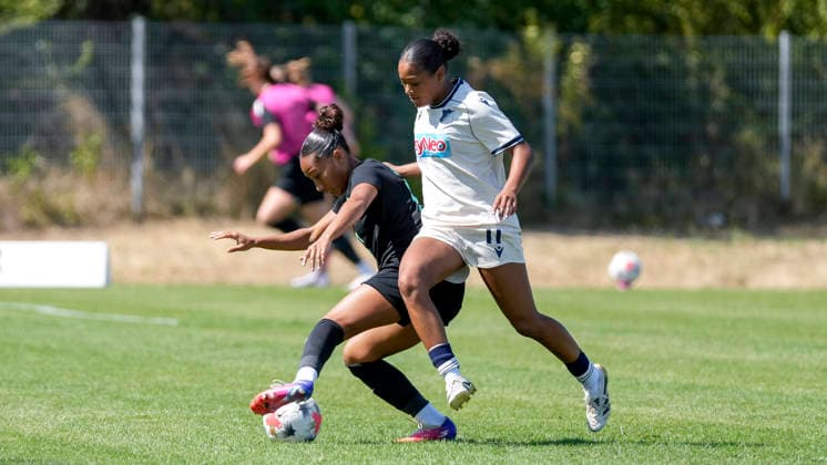 v.li.: Vanessa Fürst (Viktoria, 6), Maimouna Stein (TSG II, 11), Zweikampf, Spielszene, Duell, duel, tackle, tackling, Dynamik, Action, Aktion, 02.08.2026, St. Leon-Rot (Deutschland), Fussball, 2. Frauen-Bundesliga, TSG 1899 Hoffenheim U20 - FC Viktoria Berlin, DFB DFL REGULATIONS PROHIBIT ANY USE OF PHOTOGRAPHS AS IMAGE SEQUENCES AND OR QUASI-VIDEO. *** From left: Vanessa Fürst Viktoria, 6, Maimouna Stein TSG II, 11, tackle, game play, duel, tackle, tackling, dynamism, action, 02 08 2026, St. Leon-Rot, Germany, soccer, Women’s Bundesliga 2, TSG 1899 Hoffenheim U20 vs. FC Viktoria Berlin, DFB and DFL regulations prohibit any use of photographs as image sequences and or quasi-video xozx