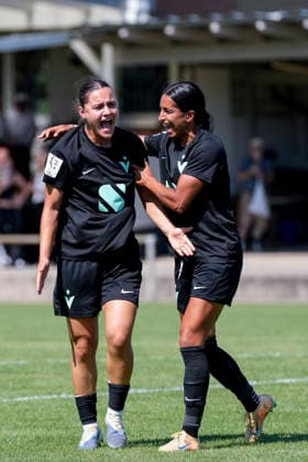 v.li.: Torschützin Leyila Aydin (Viktoria, 47), Maya Ruby Hahn (Viktoria, 11), Spielerinnen vom FC Viktoria Berlin, jubeln über das Tor zum 1:3, Jubel, Torjubel, Torerfolg, celebrate the goal, goal, celebration, jubelt ueber das Tor, Freuen, Freude, freut sich, optimistisch, positiv, Spielszene, Highlight, Action, Aktion, 02.08.2026, St. Leon-Rot (Deutschland), Fussball, 2. Frauen-Bundesliga, TSG 1899 Hoffenheim U20 - FC Viktoria Berlin, DFB DFL REGULATIONS PROHIBIT ANY USE OF PHOTOGRAPHS AS IMAGE SEQUENCES AND OR QUASI-VIDEO. *** From left: Goal scorer Leyila Aydin Viktoria, 47, Maya Ruby Hahn Viktoria, 11, players from FC Viktoria Berlin, celebrating the goal that made the score 1–3, Celebration, goal celebration, scoring a goal, celebrate the goal, goal, celebration, cheering over the goal, joy, happiness, happy, optimistic, positive, game scene, highlight, action, 02 08 2026, St. Leon-Rot, Germany, soccer, Women’s Bundesliga 2, TSG 1899 Hoffenheim U20 vs. FC Viktoria Berlin, DFB and DFL regulations prohibit any use of photographs as image sequences and or quasi-video xozx
