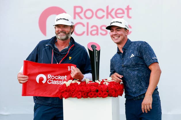 Rocket Mortgage 2026 DETROIT, MICHIGAN - August 2: Michael Thorbjornsen of the United States poses for photos with the trophy during the final round of the Rocket Classic 2026 at the Detroit Golf Club in Detroit, Michigan, USA, August 2, 2026. Detoit Michian United States  Copyright: xAmyxLemusx originalFilename:lemus-rocketmo260802_np2TA.jpg