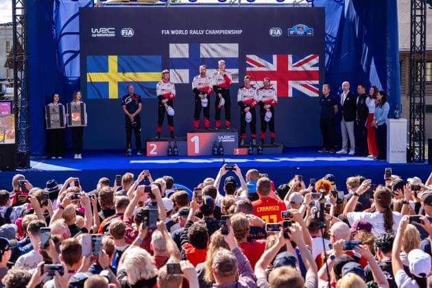 August 2, 2026, JyvoÂ¤Skylo, Finland: Driver OliverÃ‚ Solber And Co-Driver Elliott Edmondson And Driver Sami Pajari And Co-Driver Marko Salminen And Driver Elfyn Evans And Co-Driver Scott Martin ,In Celebrating The Final Podium During Fia World Rally Championship WRC, Motorsport Rallye, WM Secto Rally Finland 2026 2026 02 August ,JyvoÂ¤skyloÂ¤, Finland JyvoÂ¤Skylo Finland - ZUMAb336 20260802_zsp_b336_016 Copyright: xLucaxBarsalix