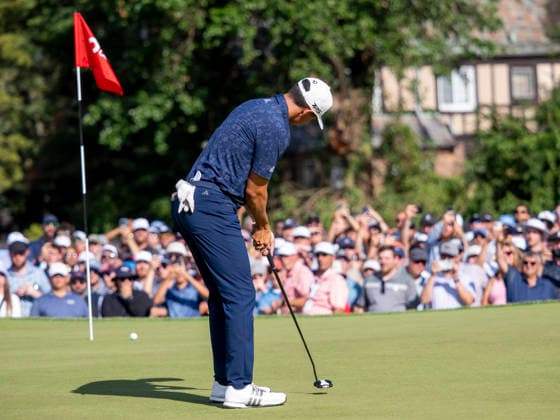 DETROIT, MI - AUGUST 02: Michael Thorbjornsen (USA) putts the ball on the 18th green during the final round of the Rocket Classic at Detroit Golf Club on August 02, 2026, in Detroit, Michigan. (Photo by Joseph Weiser Icon Sportswire) GOLF: AUG 02 PGA, Golf Herren Rocket Classic EDITORIAL USE ONLY Icon260802075