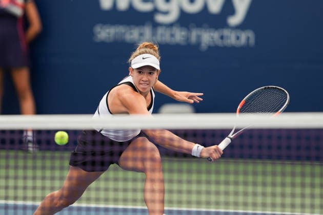WTA, Tennis Damen Masters 1000 National Bank Open Toronto 2026 - Round of 128 - Day 1 Ariana Arseneault of Canada plays a backhand against Jessica Bouzas Maneiro of Spain during the Women™s Singles round of 128 match on day 1 of the WTA Masters 1000 National Bank Open at Sobeys Stadium. on August 2, 2026 in Toronto, Canada. (Photo by Leonardo Ramirez Eyepix Group) Copyright: xLeonardoxRamirezx xEyepixxGroupx LR02082026-02686