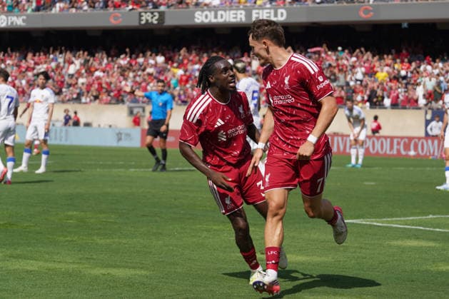 Florian Wirtz (R) of Liverpool celebrates a goal during a friendly match between Liverpool and Leeds at Soldier Field in Chicago, USA, 02 August 2026. Amistoso internacional: Liverpool - Leeds !ACHTUNG: NUR REDAKTIONELLE NUTZUNG!  Copyright: xKennethxFernándezx AME5503 20260803-55021059735_1