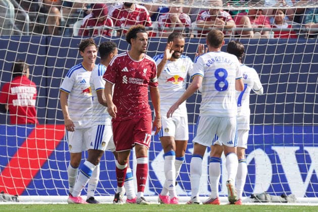 Players of Leeds celebrate a goal during a friendly match between Liverpool and Leeds at Soldier Field in Chicago, USA, 02 August 2026. Friendly: Liverpool - Leeds !ACHTUNG: NUR REDAKTIONELLE NUTZUNG!  Copyright: xKennethxFernándezx AME5507 20260803-55021059743_1