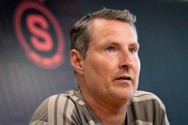 Sparta coach Brian Priske at a press conference, PK, Pressekonferenz ahead of the opening match of the third qualifying round of the Champions League between Sparta Prague and Olympique Lyon, Prague, August 3, 2026. (CTKxPhoto KaterinaxSulova) CTKPhotoP2026080303161  CTKPhotoP2026080303161