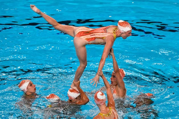 Athletes of team France compete in the artistic swimming Team Free Final during the European Aquatics Championships at the Olympic Aquatic Center in Paris (France), August 3, 2026. Andrea Masini Deepbluemedia Insidefoto
