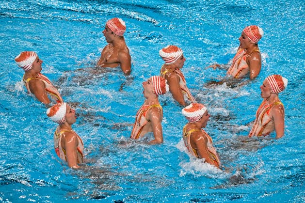 Athletes of team France compete in the artistic swimming Team Free Final during the European Aquatics Championships at the Olympic Aquatic Center in Paris (France), August 3, 2026. Andrea Masini Deepbluemedia Insidefoto