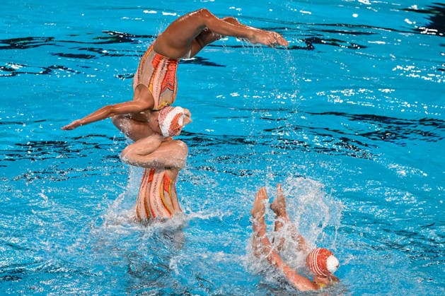 Athletes of team France compete in the artistic swimming Team Free Final during the European Aquatics Championships at the Olympic Aquatic Center in Paris (France), August 3, 2026. Andrea Masini Deepbluemedia Insidefoto