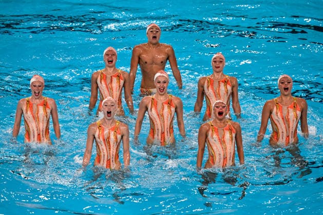 Athletes of team France compete in the artistic swimming Team Free Final during the European Aquatics Championships at the Olympic Aquatic Center in Paris (France), August 3, 2026. Andrea Masini Deepbluemedia Insidefoto