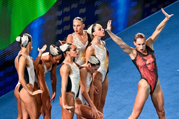 Athletes of team Italy compete in the artistic swimming Team Free Final during the European Aquatics Championships at the Olympic Aquatic Center in Paris (France), August 3, 2026. Andrea Masini Deepbluemedia Insidefoto