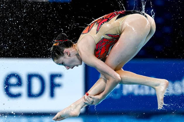Athletes of team Great Britain compete in the artistic swimming Team Free Final during the European Aquatics Championships at the Olympic Aquatic Center in Paris (France), August 3, 2026. Andrea Staccioli