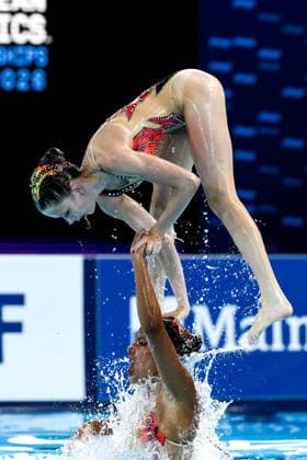 Athletes of team Great Britain compete in the artistic swimming Team Free Final during the European Aquatics Championships at the Olympic Aquatic Center in Paris (France), August 3, 2026. Andrea Staccioli