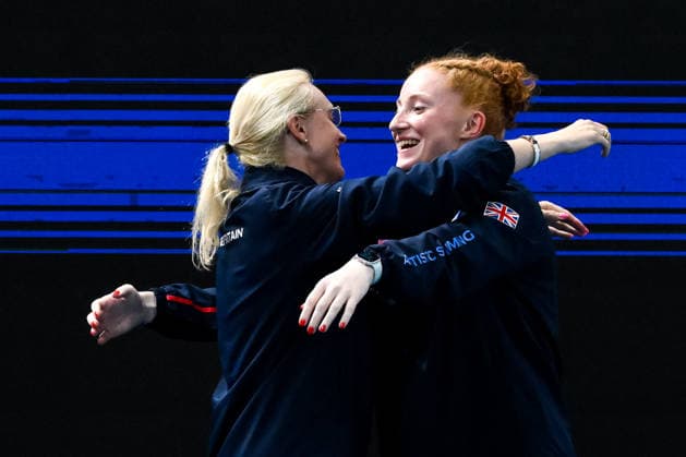Coaches of Athletes of team Great Britain react after the artistic swimming Team Free Final during the European Aquatics Championships at the Olympic Aquatic Center in Paris (France), August 3, 2026. Andrea Staccioli