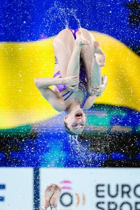 Athletes of team Ukraine compete in the Artistic Swimming Team Free Final during the European Aquatics Championships at the Olympic Aquatic Center in Paris (France), August 3, 2026. Andrea Staccioli