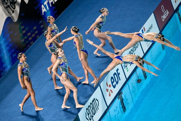 Neutral Athletes B compete in the artistic swimming Team Free Final during the European Aquatics Championships at the Olympic Aquatic Center in Paris (France), August 3, 2026. Andrea Masini Deepbluemedia Insidefoto