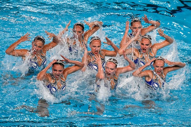 Neutral Athletes B compete in the artistic swimming Team Free Final during the European Aquatics Championships at the Olympic Aquatic Center in Paris (France), August 3, 2026. Andrea Masini Deepbluemedia Insidefoto