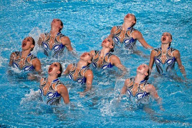 Neutral Athletes B compete in the artistic swimming Team Free Final during the European Aquatics Championships at the Olympic Aquatic Center in Paris (France), August 3, 2026. Andrea Masini Deepbluemedia Insidefoto