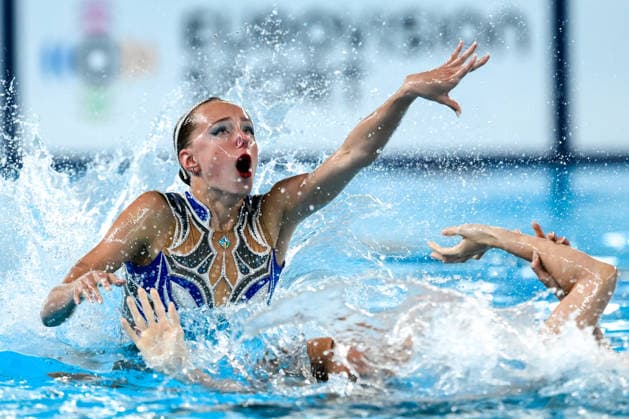 Neutral Athletes B compete in the artistic swimming Team Free Final during the European Aquatics Championships at the Olympic Aquatic Center in Paris (France), August 3, 2026. Andrea Staccioli