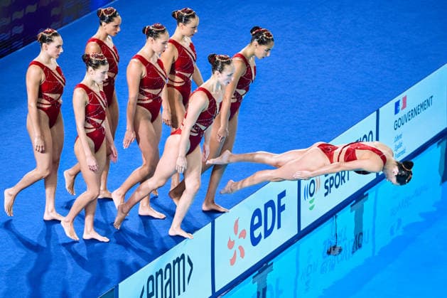 Athletes of team Spain compete in the Artistic Swimming Team Free Final with the coaches during the European Aquatics Championships at the Olympic Aquatic Center in Paris (France), August 3, 2026. Andrea Masini Deepbluemedia Insidefoto