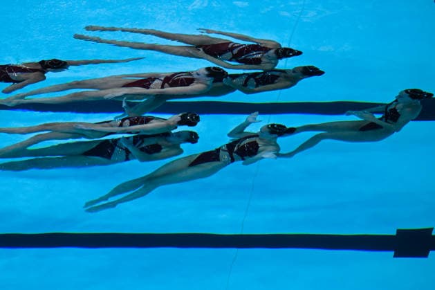 Athletes of team Spain compete in the Artistic Swimming Team Free Final with the coaches during the European Aquatics Championships at the Olympic Aquatic Center in Paris (France), August 3, 2026. Andrea Masini Deepbluemedia Insidefoto