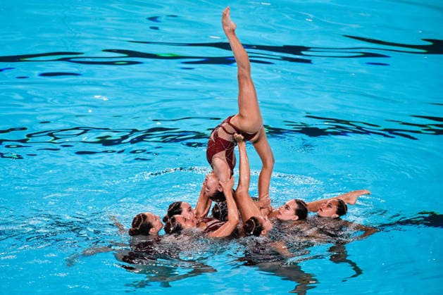 Athletes of team Spain compete in the Artistic Swimming Team Free Final with the coaches during the European Aquatics Championships at the Olympic Aquatic Center in Paris (France), August 3, 2026. Andrea Masini Deepbluemedia Insidefoto