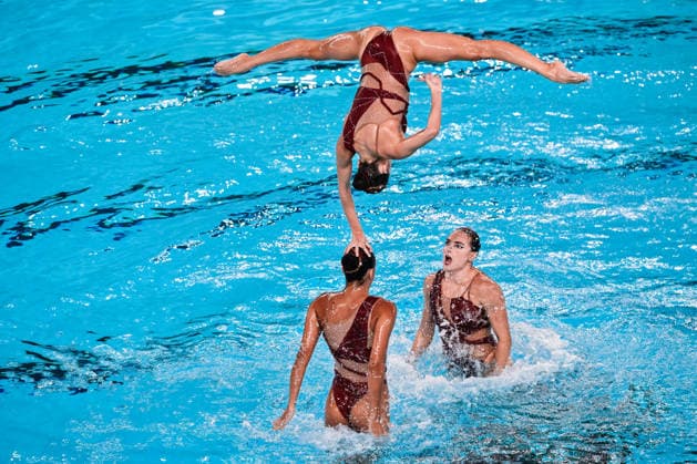 Athletes of team Spain compete in the Artistic Swimming Team Free Final with the coaches during the European Aquatics Championships at the Olympic Aquatic Center in Paris (France), August 3, 2026. Andrea Masini Deepbluemedia Insidefoto