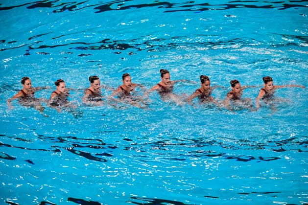 Athletes of team Spain compete in the Artistic Swimming Team Free Final with the coaches during the European Aquatics Championships at the Olympic Aquatic Center in Paris (France), August 3, 2026. Andrea Masini Deepbluemedia Insidefoto