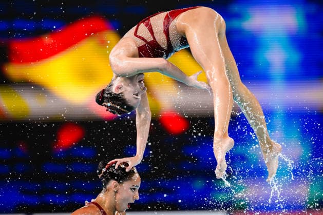 Athletes of team Spain compete in the Artistic Swimming Team Free Final with the coaches during the European Aquatics Championships at the Olympic Aquatic Center in Paris (France), August 3, 2026. Andrea Staccioli