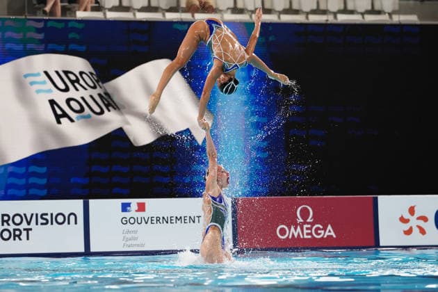 Artistic Swimming, Team Free Final, Neutral Athletes B, winner of the gold medal at the European Aquatics Championships Paris 2026, Paris, August 03, 2026 .  Copyright: xGianxMattiaxD Alberto LaPressex