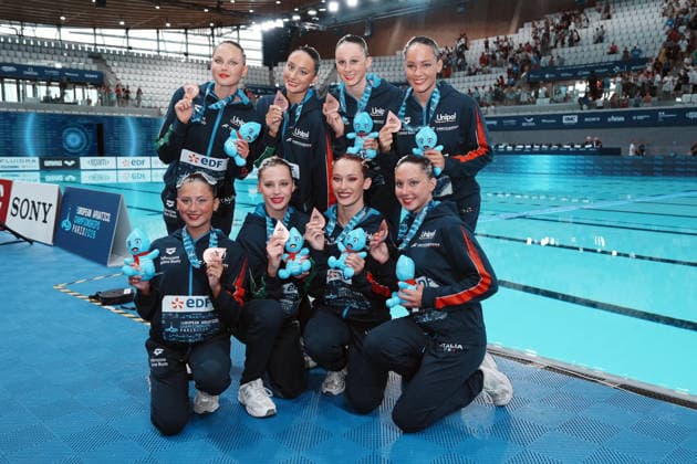 Artistic Swimming, Team Free Final, team Italy, winner of the bronze medal at the European Aquatics Championships Paris 2026, Paris, August 03, 2026 .  Copyright: xGianxMattiaxD Alberto LaPressex