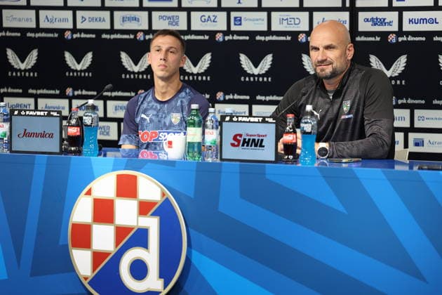 Croatia, Zagreb, 030826. Maksimir Stadium. press conference, PK, Pressekonferenz of Kauno Zalgiris before the match of the third round of UEFA Champions League qualification against GNK Dinamo. In the photo: Ivan Fiolic, Zeljko Sopic. Photo: Ranko Suvar CROPIX Zagreb Croatia Copyright: xxRankoxSuvarx zalgiris_press11-030826