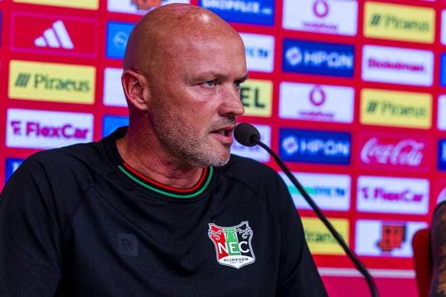 Athens , 03-08-2026 , Stadio Georgios Karaiskakis , third qualifying round of the Champions League , season 2026 2027 , press conference, PK, Pressekonferenz NEC in Athens , picture shows , NEC coach Dick Schreuder Press conference NEC Athens  x205434753x Copyright: