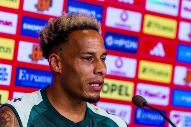 Athens , 03-08-2026 , Stadio Georgios Karaiskakis , third qualifying round of the Champions League , season 2026 2027 , press conference, PK, Pressekonferenz NEC in Athens , picture shows , NEC player Tjaronn Chery Press conference NEC Athens  x205434754x Copyright: